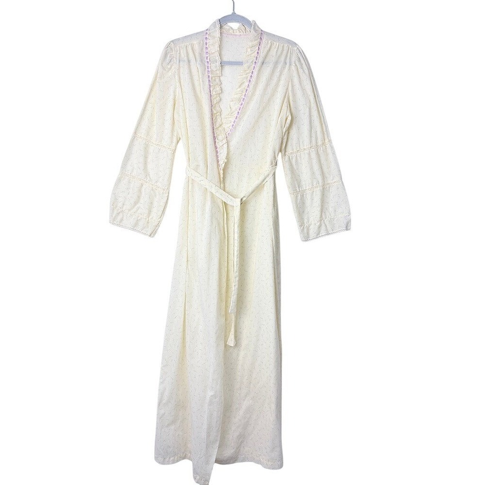 VTG 60s Floral Lace Ruffle Dressing Night Gown Robe Maxi Ditsy‎ Victorian Lolita